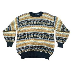 Handmade Men's Brown Fair Isle Alpaca Wool Sweater M Cabincore Nordic Grandpa